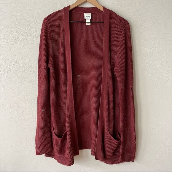 Daytrip Sweaters - Daytrip Burgundy Red Shredded Cardigan - Size: Medium